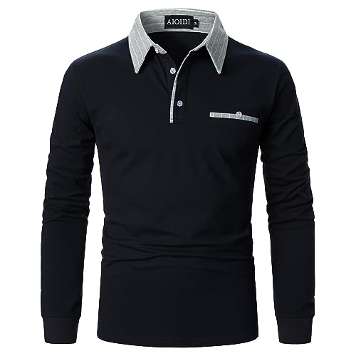 AIOIDI Herren Langarm Poloshirts Kontrastfarben Arbeit Baumwolle Atmungsaktivität Golf Tennis T-Shirt Blau M von AIOIDI