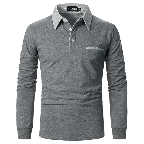 AIOIDI Herren Langarm Poloshirts Kontrastfarben Arbeit Baumwolle Atmungsaktivität Golf Tennis T-Shirt Grau M von AIOIDI