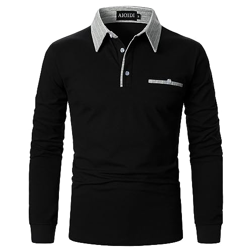 AIOIDI Herren Langarm Poloshirts Kontrastfarben Arbeit Baumwolle Atmungsaktivität Golf Tennis T-Shirt Schwarz M von AIOIDI