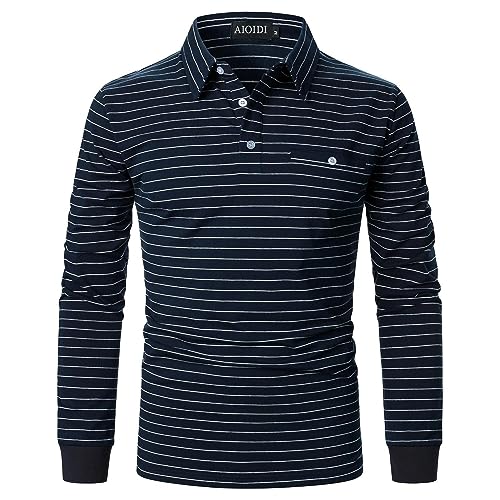 AIOIDI Herren Langarm Poloshirts Lässige Baumwolle Gestreifte T-Shirts mit echter Tasche Blau M von AIOIDI