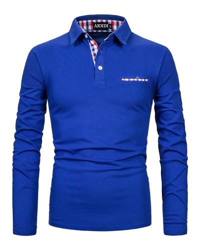 AIOIDI Herren Plaid Baumwolle Poloshirt Langarm Basic Tennis Polohemd Polo Blau 2 XXL von AIOIDI