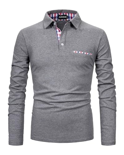 AIOIDI Herren Plaid Baumwolle Poloshirt Langarm Basic Tennis Polohemd Polo Grau XL von AIOIDI