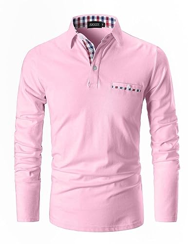 AIOIDI Herren Plaid Baumwolle Poloshirt Langarm Basic Tennis Polohemd Polo rosa 3XL von AIOIDI