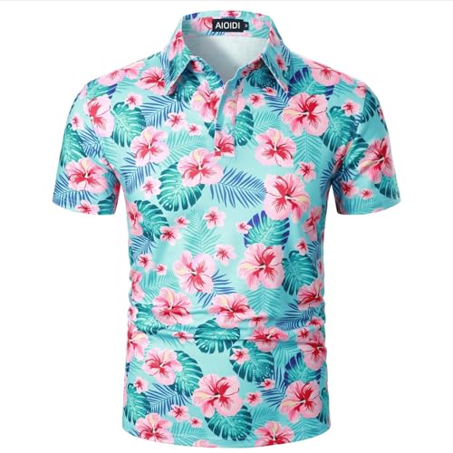 AIOIDI Kokospalmen Druck Baumwolle Poloshirt Herren Kurzarm Basic T-Shirt Polohemd Blaue Blumen S von AIOIDI