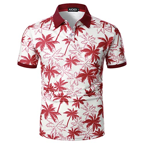 AIOIDI Kokospalmen Druck Baumwolle Poloshirt Herren Kurzarm Basic T-Shirt Polohemd Rot XXL von AIOIDI