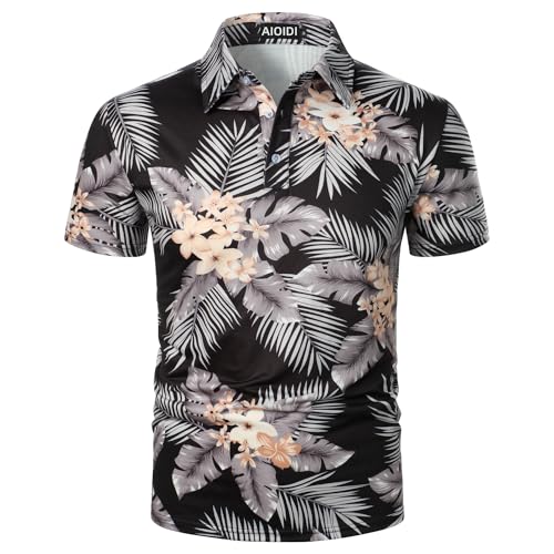 AIOIDI Kokospalmen Druck Baumwolle Poloshirt Herren Kurzarm Basic T-Shirt Polohemd Schwarz M von AIOIDI