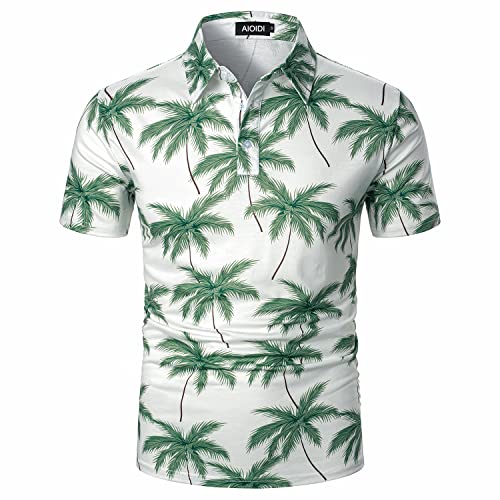AIOIDI Kokospalmen Druck Poloshirt Herren Kurzarm Basic T-Shirt Polohemd Grün L von AIOIDI