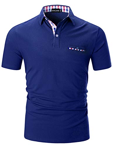 AIOIDI Poloshirt Herren Kurzarm Basic T-Shirt Freizeit Plaid spleißen Polohemd Blau2-Fake Pocket S von AIOIDI