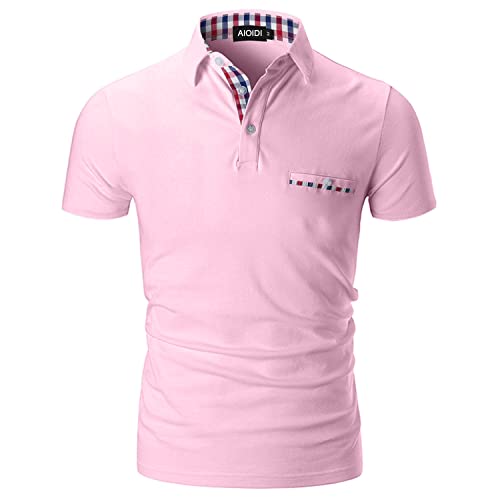 AIOIDI Poloshirt Herren Kurzarm Basic T-Shirt Freizeit Plaid spleißen Polohemd Rosa 3XL von AIOIDI