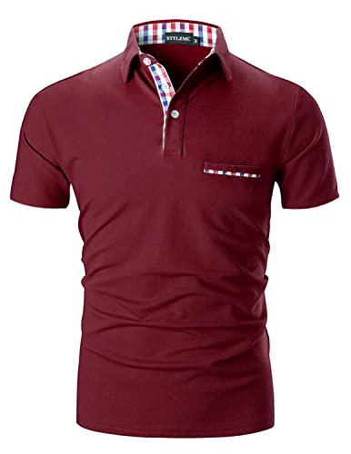 AIOIDI Poloshirt Herren Kurzarm Basic T-Shirt Freizeit Plaid spleißen Polohemd Rot-Fake Pocket L von AIOIDI