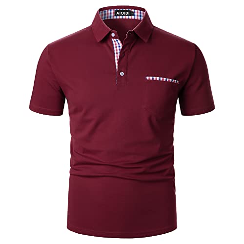 AIOIDI Poloshirt Herren Kurzarm Basic T-Shirt Freizeit Plaid spleißen Polohemd Rot-Real Pocket XXL von AIOIDI