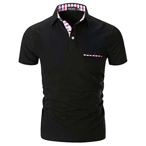 AIOIDI Poloshirt Herren Kurzarm Basic T-Shirt Freizeit Plaid spleißen Polohemd Schwarz-Fake Pocket XXL von AIOIDI