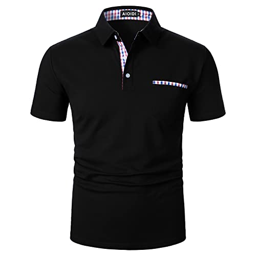 AIOIDI Poloshirt Herren Kurzarm Basic T-Shirt Freizeit Plaid spleißen Polohemd Schwarz-Real Pocket M von AIOIDI