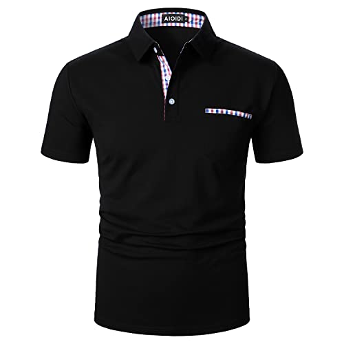 AIOIDI Poloshirt Herren Kurzarm Basic T-Shirt Freizeit Plaid spleißen Polohemd Schwarz-Real Pocket S von AIOIDI