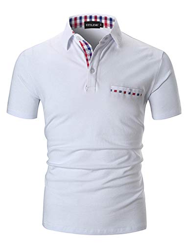 AIOIDI Poloshirt Herren Kurzarm Basic T-Shirt Freizeit Plaid spleißen Polohemd Weiß-Fake Pocket XL von AIOIDI