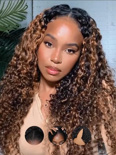 4/27 Echthaar Perücke Ombre Hight Light Brown Kinky Curly V Part Human Hair Wig für Frauen - Culy Half Wig None Lace Front - Upgrade U Part Wig Brazilian Human Hair - Beginner Friendly 26 Zoll von AIQI HAIR