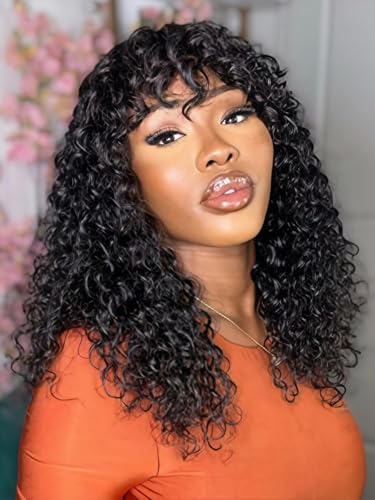 Curly Human Hair Wig with Bangs Glueless Wear and Go None Lace Front Human Hair Wigs for Black Women Real Brazilian Unprocessed Virgin Hair Machine Scalp Top Wig 18 Inch von AIQI HAIR
