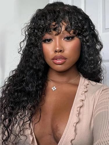 Curly Human Hair Wig with Bangs Glueless Wear and Go None Lace Front Human Hair Wigs for Black Women Real Brazilian Unprocessed Virgin Hair Machine Scalp Top Wig 22 Inch von AIQI HAIR