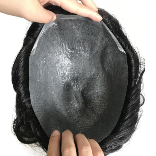 AIRAO Herren Toupee Ultra Dünne Haut 0,03mm PU Echthaar Ersatzsystem Super Poly Alle V-Schleifen Toupee für Männer 20cm x 25cm Natürliches Schwarz 1B# und 30% Graue Haare von AIRAO