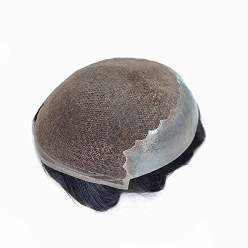 AIRAO Q6 Männer Toupet mit Schweizer Spitze und dünner PU Haut auf der Rückseite und an den Seiten mit Echthaar Haarteil Haarsystem 20cm × 25cm Natürliches Schwarz 1B# und 80% Graue Haare von AIRAO