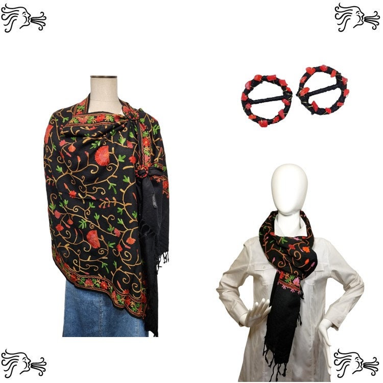 Schwarz Bestickter Kaschmir 100% Wolle 4-Wege-Ponchos Pashmina Schal Wrap Mit Schalschnalle Oder Quastenakzent Schwarz Bestickter Kaschmir 100% Wolle 4-Wege-Ponchos Pashmina Schal Wrap Mit Schalschnalle Oder Quastenakzent von AIRARTSYACCESSORIES