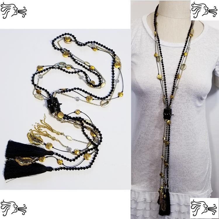 Schwarz Kristall Leder Wrap Stein Lange Halskette Boho Goldkette Charme Frau Schwarz Kristall Leder Wrap Stein Lange Halskette Boho Goldkette Charme Frau von AIRARTSYACCESSORIES