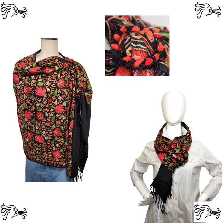 Schwarz Rot Bestickt Kaschmir 100% Wolle 4-Wege-Ponchos Pashmina Schal Wrap Mit Quaste Akzent Schwarz Rot Bestickt Kaschmir 100% Wolle 4-Wege-Ponchos Pashmina Schal Wrap Mit Quaste Akzent von AIRARTSYACCESSORIES