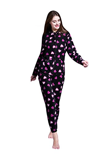AIREE FAIREE Onesie Damen Jumpsuit Nachtwäsche Onesie Pajama Strampelanzug Schlafanzüge Overall Warm mit Kapuze (Medium/EU 40-42, Herz-Muster) von AIREE FAIREE