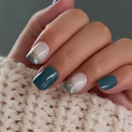 24 Stück Kurz Glänzend Meeresblau French Tip Künstliche Nägel mit Glitzern Designs Damen Full Covers Press on Nails von AIRHSKWI