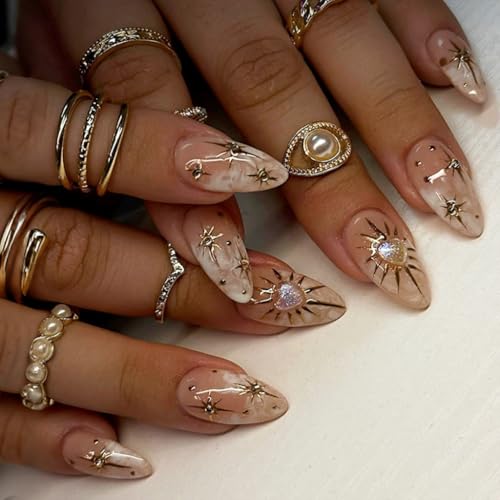 24 Stück Mandel Press on Nails French Styles Nägel mit glänzendem Stern Mond Sonne für Frauen und Mädchen von AIRHSKWI