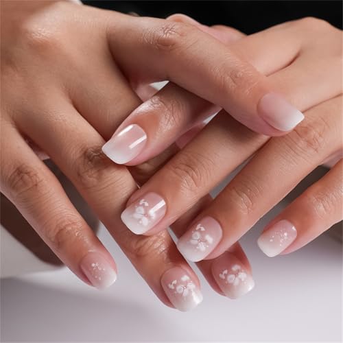 24 Stück kurze French Tip Press on Nails mit Blumen-Designs, halbtransparent, quadratisch, Kunstnägel, zum Aufkleben auf Nägel für Frauen von AIRHSKWI