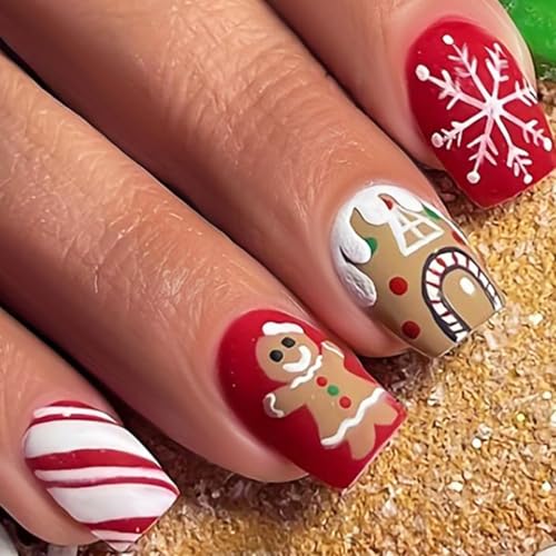 Fashion Press on Nails Short Square False Nails Decoration Nails Art Tools Set For Creating Christmas Snowman Manicure von AIRHSKWI