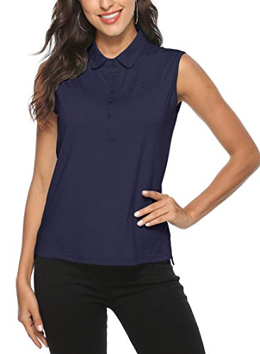 AIRIKE Damen Ärmelloses Polo Sport Golfshirt Sommer T-Shirt mit Kragen Atmungsaktiv Top Marineblau L von MoFiz