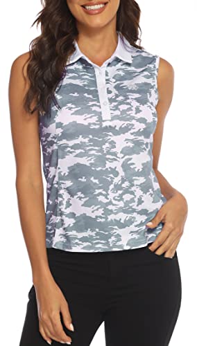 AIRIKE Damen Poloshirt Ärmellos Camouflage Shirt Leichte Golf Sport Polo Sommershirts Atmungsaktiv Top mit Polokragen Camo-Grau S von MoFiz