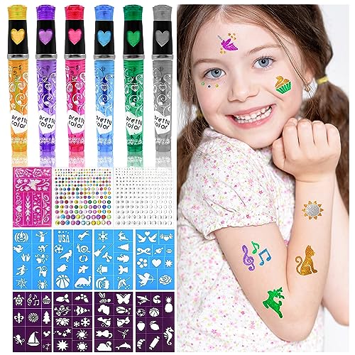 Tattoo Stifte Kinder, Glitzer Tattoo Set für Kinder mit 6 Glitzerstifte, 9 Aufkleber Schablone, 330 Gesicht Edelstein, Schön Tattoostifte für Kinder, Tattoo Kinder Mädchen, Geschenk Mädchen 3+ Jahre von AIRNOGO