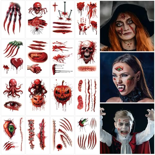 Halloween Tattoo Gesicht 16 Blätter Narben Halloween Wunden Temporäre Tattoos Scars Aufkleber, Kinder Erwachsene Face Fake Tattoos für Karneval, Halloween Horror Nächte, Cosplay Maskerade von AIRNOGO