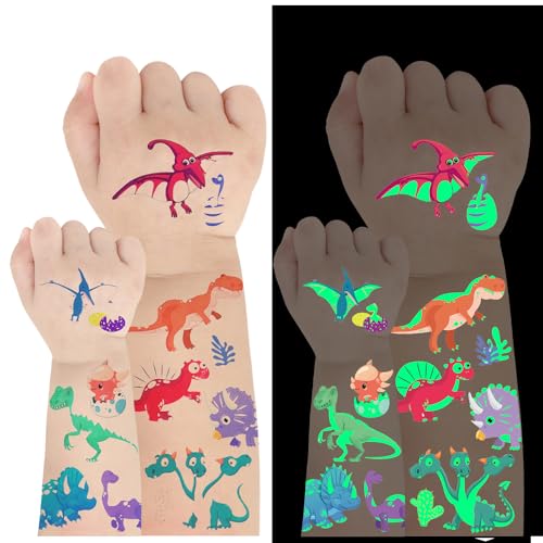 Dino Tattoo Kinder 12 Blätter Dinosaurier Leucht Tattoo Kinder, Geburtstag Party Fluoreszierende Tattoo für Jungen und Mädchen, Hautfreundlich Temporäre Tattoo Aufkleber Kinder, Geschenke für Kinder von AIRNOGO