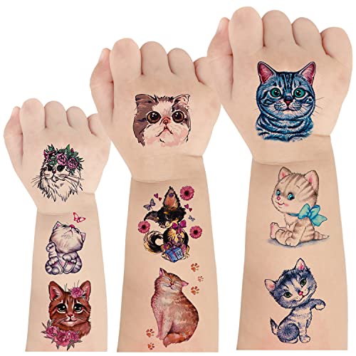 Katze Tattoo Kinder 10 Blätter Groß Süße Tiere Kinder Tattoo, Geburtstag Party Tattoo für Mädchen und Jungen, Temporäre Tattoos Kinder, Hautfreundlich Tattoo Aufkleber Kinder, Geschenke für Kinder von AIRNOGO