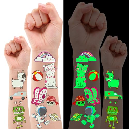 Tattoo Kinder 30 Blätter Leucht Kinder Tattoo, Geburtstag Party Fluoreszierende Tattoo für Jungen und Mädchen, Temporäre Tattoos Kinder, Hautfreundlich Tattoo Aufkleber Kinder, Geschenke für Kinder von AIRNOGO