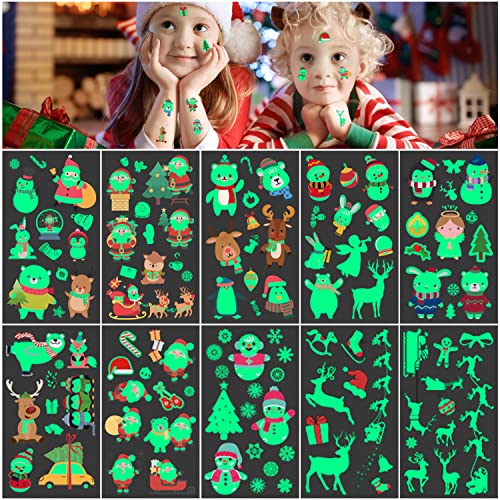 Tattoo Weihnachten Kinder 100 Stück Glitzer Tattoo Set Kinder Mädchen Jungen Leucht Gemischt Aufkleber Wasserdichte Klebetattoos Weihnachtsdeko Kindertattoos für Party Mitgebsel Kindergeburtstag von AIRNOGO