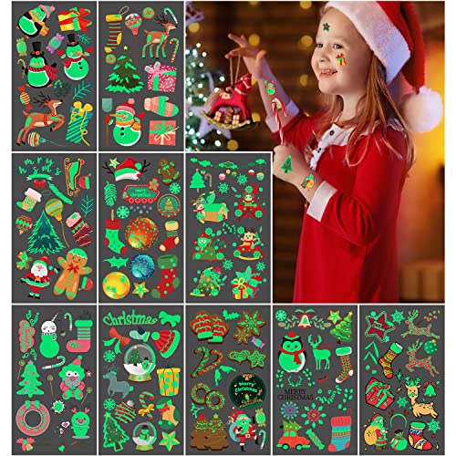 Tattoo Weihnachten Kinder 120 Stück Glitzer Tattoo Set Kinder Mädchen Jungen Leucht Gemischt Aufkleber Wasserdichte Klebetattoos Weihnachtsdeko Kindertattoos für Party Mitgebsel Kindergeburtstag von AIRNOGO