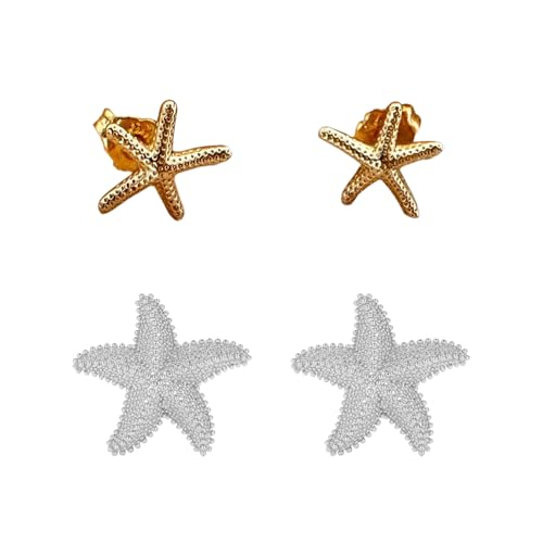 2 Paar Seesternohrringe, Kleine Und Exquisite Ohrringe, Sommerohrringe Im Ozeanstil, Geeignet Für Den Täglichen Gebrauch, Urlaub Am Meer (Gold, Silber). von AIRTILY