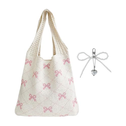 AIRTILY 1-Stück-Bogenmuster Gewebter Tasche, Mit 1 Stück Bogenanhänger, Süße Und Süße Umhängetasche, Strandtasche Mit Großer Kapazität. von AIRTILY