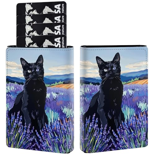 AIRWEE Kreditkartenetui aus PU-Leder, dreifach faltbar, mit RFID-Blockierung und Magnetverschluss, Kreditkartenetui, schlankes Fach für Damen und Herren, A1, Lavender Black Cat von AIRWEE