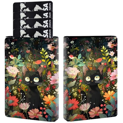 AIRWEE Kreditkartenetui aus PU-Leder, dreifach faltbar, mit RFID-Blockierung und Magnetverschluss, Kreditkartenetui, schlankes Fach für Damen und Herren, A1, Wildflower Black Cat von AIRWEE