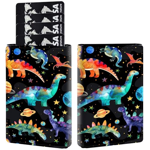AIRWEE Kreditkartenetui aus PU-Leder, dreifach faltbar, mit RFID-Blockierung und Magnetverschluss, Kreditkartenetui, schlankes Fach für Damen und Herren, A4, Aquarell-Dinosaurier von AIRWEE