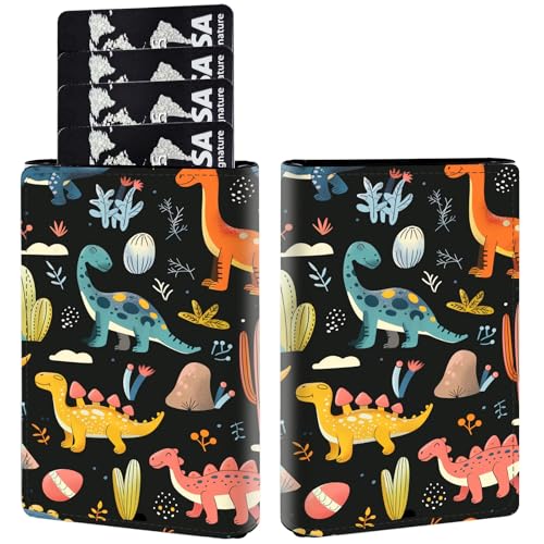 AIRWEE Kreditkartenetui aus PU-Leder, dreifach faltbar, mit RFID-Blockierung und Magnetverschluss, Kreditkartenetui, schlankes Fach für Damen und Herren, A8, Cartoon Dinosaurier von AIRWEE