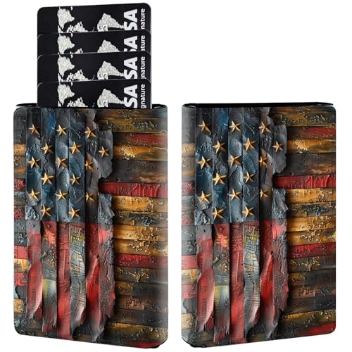 AIRWEE Kreditkartenetui aus PU-Leder, dreifach faltbar, mit RFID-Blockierung und Magnetverschluss, Kreditkartenetui, schlankes Fach für Damen und Herren, A9, Amerika-Flagge aus Holz von AIRWEE