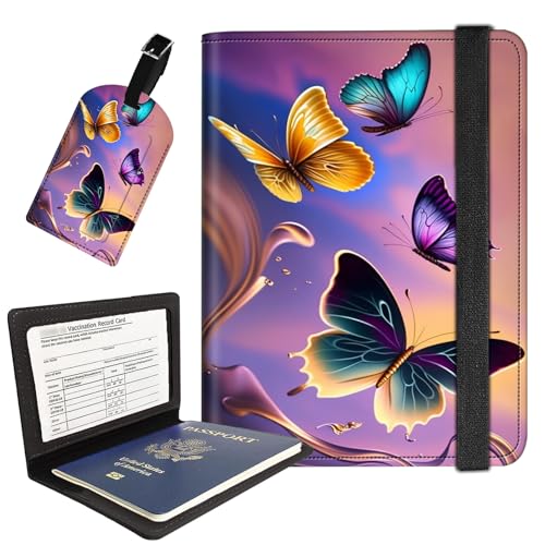 AIRWEE Reisepasshülle mit Gepäckanhänger, PU-Leder, Reisebrieftasche für Damen und Herren, RFID-blockierende Reisepasshülle mit Kartenfächern, Boarding-Passhülle für Reisen, bunter Schmetterling von AIRWEE