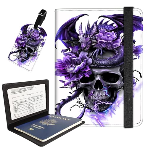 AIRWEE Reisepasshülle mit Gepäckanhänger, Reisebrieftasche aus PU-Leder für Damen und Herren, RFID-blockierende Reisepasshülle mit Kartenfächern, Boarding-Passhülle für Reisen, Rose Dragon Skull AIRWEE Reisepasshülle mit Gepäckanhänger, Reisebrieftasche aus PU-Leder für Damen und Herren, RFID-blockierende Reisepasshülle mit Kartenfächern, Boarding-Passhülle für Reisen, Rose Dragon Skull von AIRWEE